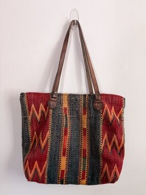 Handmade Kilim wool bag with colorful southwestern design & brown leather straps